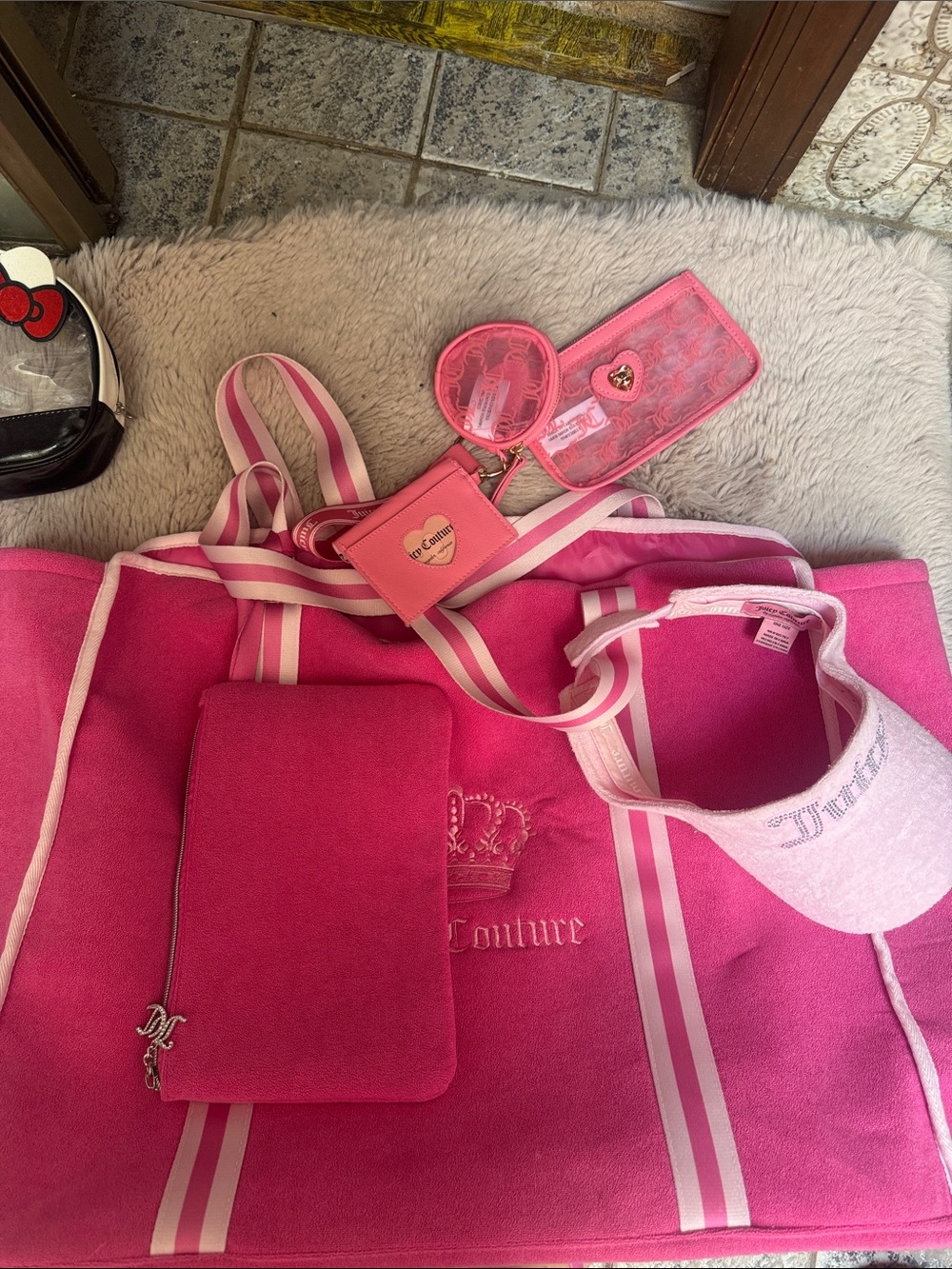 Juicy Couture Hot Pink Beach Tote Set with Matching Pink Visor & Pouches